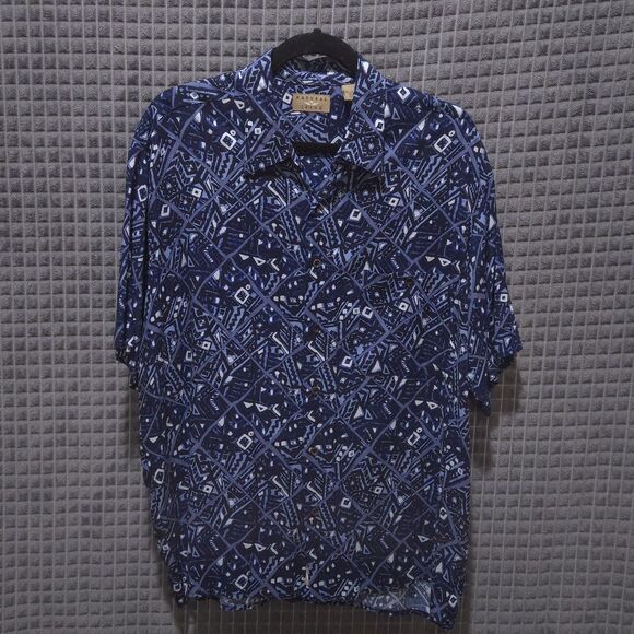 VTG Blue Geometric Hawaiian Shirt Mens Lg SOFT Natural Issue Short Sleeve Button - Picture 3 of 16